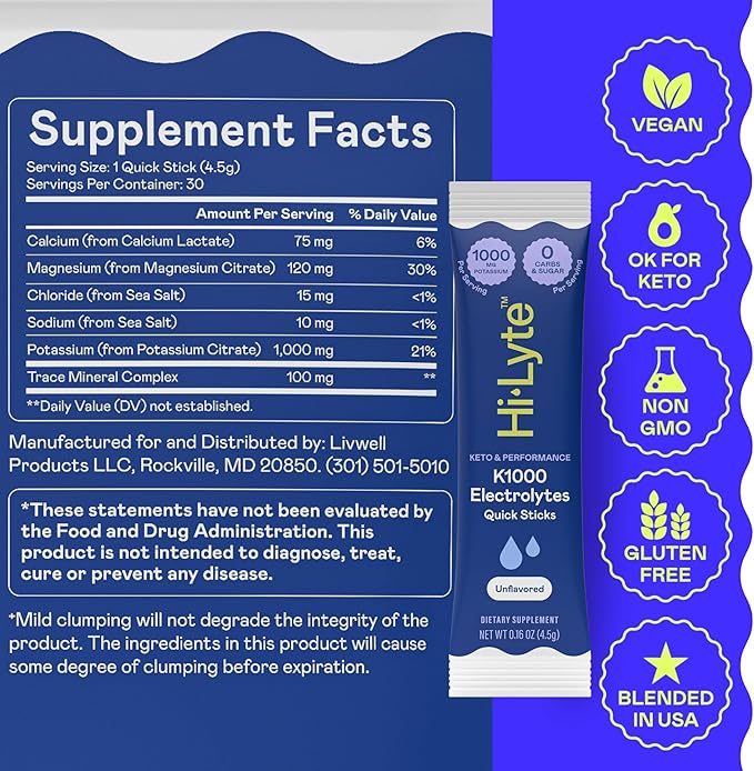 Hi-Lyte Keto K1000 Electrolyte Packets | Unflavored | Hydration Supplement Drink Mix | Boost Energy & Beat Leg Cramps | No Sugar, Stevia, Maltodextrin | 30 Servings