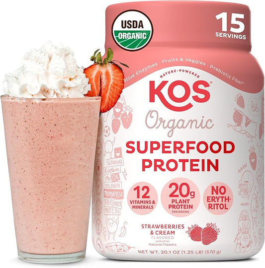 KOS Vegan Protein Powder, Strawberry and Cream Organic Pea Protein Blend, Plant Based Superfood with 12 Vitamins and Minerals, Made Without Dairy - Meal Replacement for Women & Men, 15 Servings