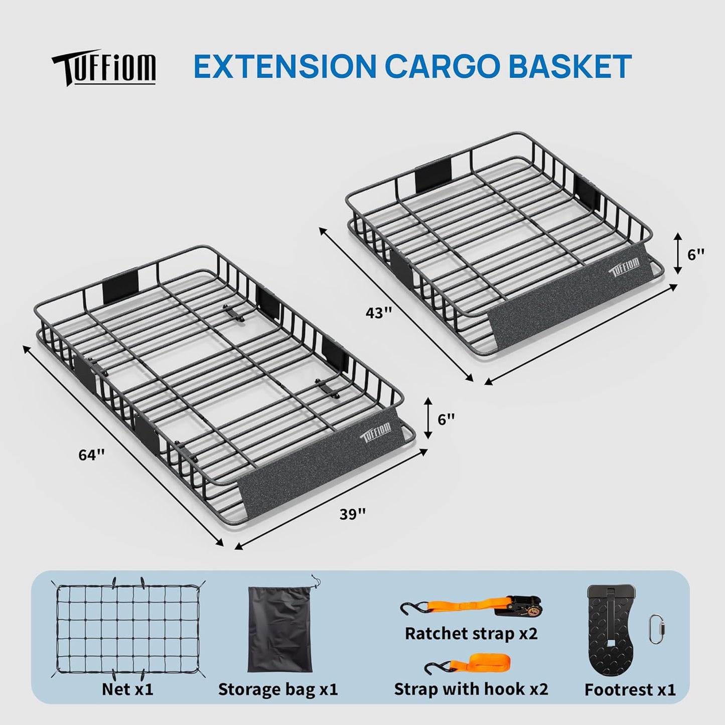 TUFFIOM 64"x 39"x 6" Universal Rooftop Cargo Carrier Basket, Extendable Steel Roof Rack Basket w/Net+Storage Bag+Pedal+Straps, Heavy Duty Car Top Rack Luggage Holder Carrier for SUV Car Truck Van