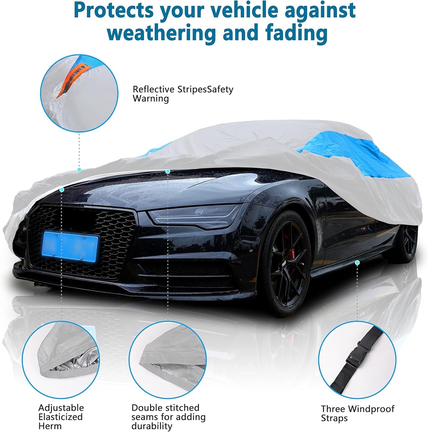 MORNYRAY Waterproof Car Cover All Weather Snowproof UV Protection Windproof Outdoor Full car Cover, Universal Fit for Sedan (Silvery, Fit Hatchback Length(Up to 173 inch)