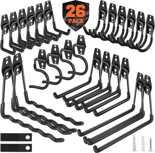 Nacial 26 Pack Garage Hooks Heavy Duty, Utility Steel Garage Storage Hooks with 2 Extension Cord Storage Straps, Utility Garage Wall Mount Hooks for Hanging Bike, Ladder and Garden Tools, Black