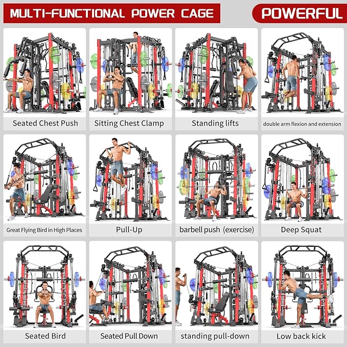 Smith Machine Power Rack Multifunctional Power Cage Deep Squat Rack Cable Crossover System Selectable More Training Attachment for Garage & Home Gym