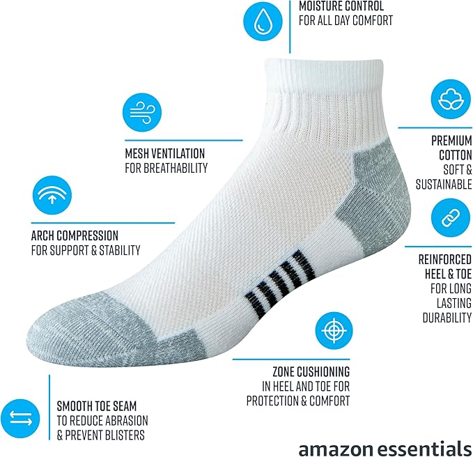 Amazon Essentials Men's Athletic Ankle Socks, Breathable, Cotton Blend, Cushioned, 6 Pairs