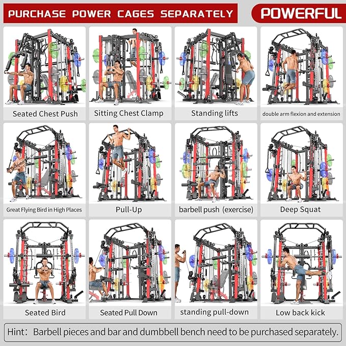 Smith Machine Power Rack Multifunctional Power Cage Deep Squat Rack Cable Crossover System Selectable More Training Attachment for Garage & Home Gym
