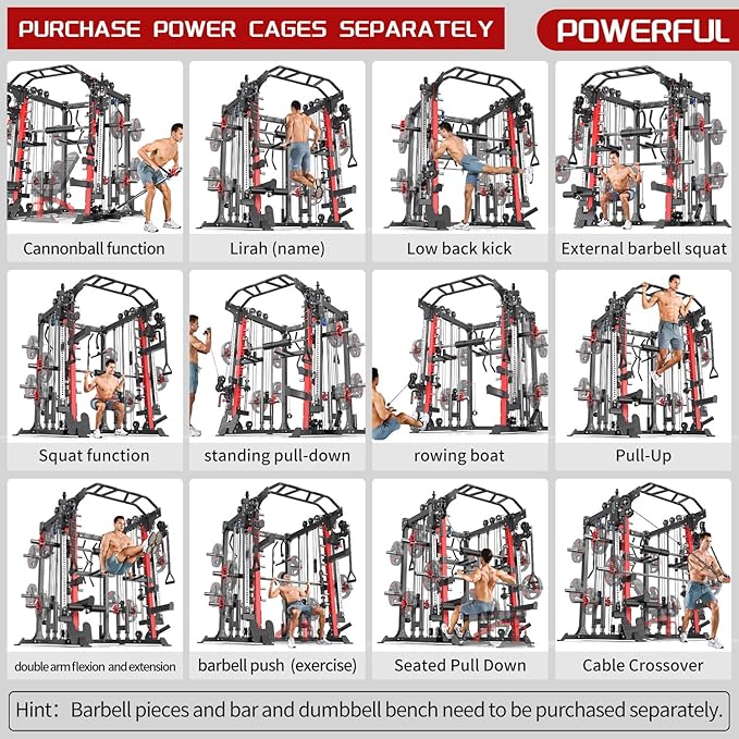 Smith Machine Power Rack Multifunctional Power Cage Deep Squat Rack Cable Crossover System Selectable More Training Attachment for Garage & Home Gym