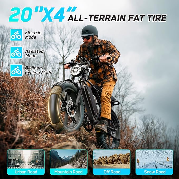 TST Electric Bike for Adults, 1500W Peak Brushless Motor 28 MPH 60 Miles/110 Miles Fat Tire E Bike with 48V 15Ah/ 25Ah Removable Battery 20" Electric Dirt Bike Hydraulic Suspension and 7-Speed
