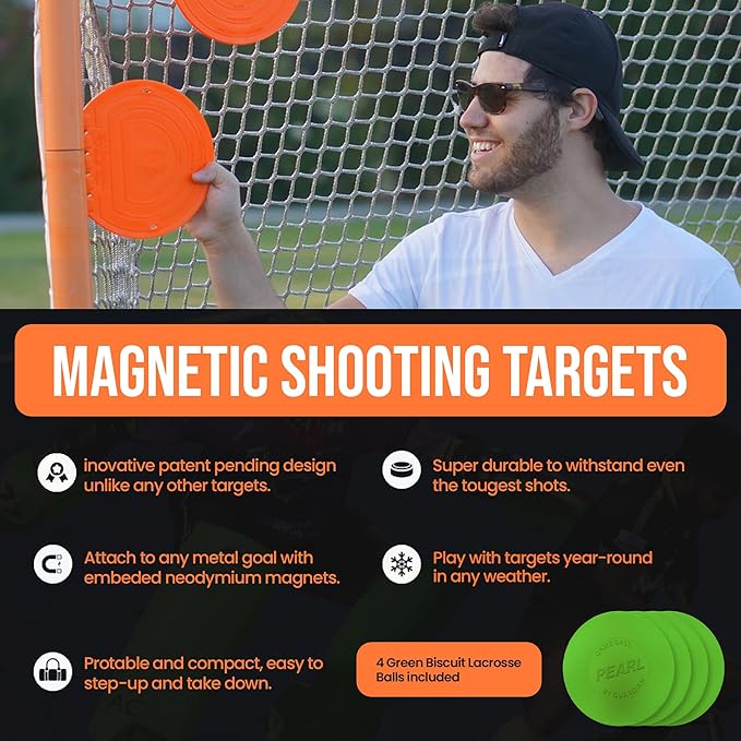 Combo Bundle of Durable Magnetic Lacrosse Goal Targets/Hockey Targets with 4 Pearl Lacrosse LT Textured Balls and 4 Tethers| Lacrosse Net Goalie Targets