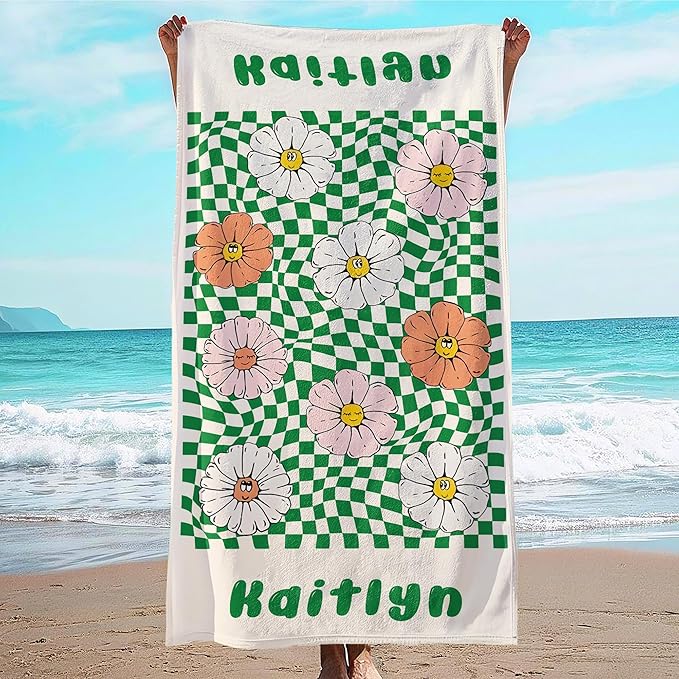 JML Personalized Beach Towel with Name, Custom Flower Beach Towel, Customized Microfiber Pool Towel, Quick Dry & Absorbent Swim Towel for Adult,Mother's Day, Birthday, Summer Holiday,Vacation