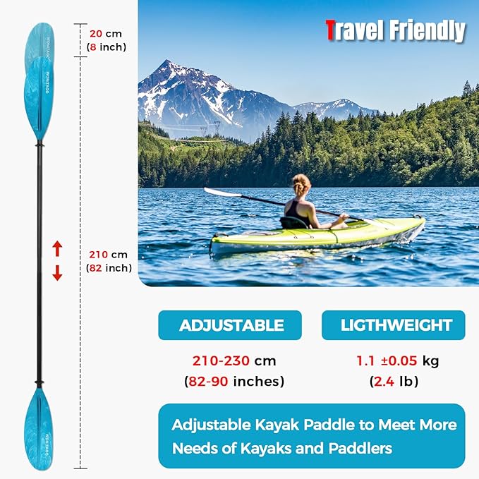 Kayak Paddles with Alloy Shaft and PP Blade, Floating Kayaking Oars, Adjustable 230-250 cm/90-98 Inches, 210-230 cm/82-90 Inches