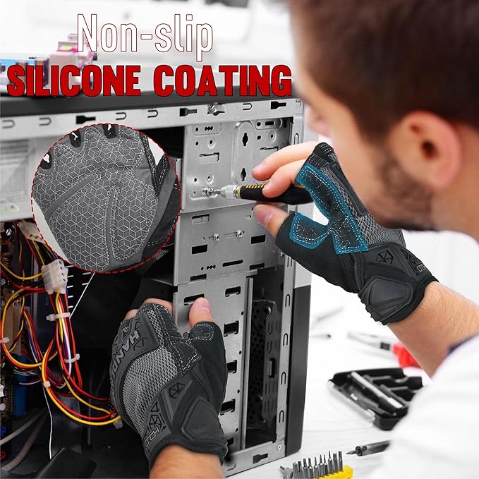 HANDLANDY Fingerless Work Gloves for Men, Padded Half Finger Tactical Mechanics Gloves, Utility Trucker Driver Gloves (Grey, X-Large (Pack of 1))