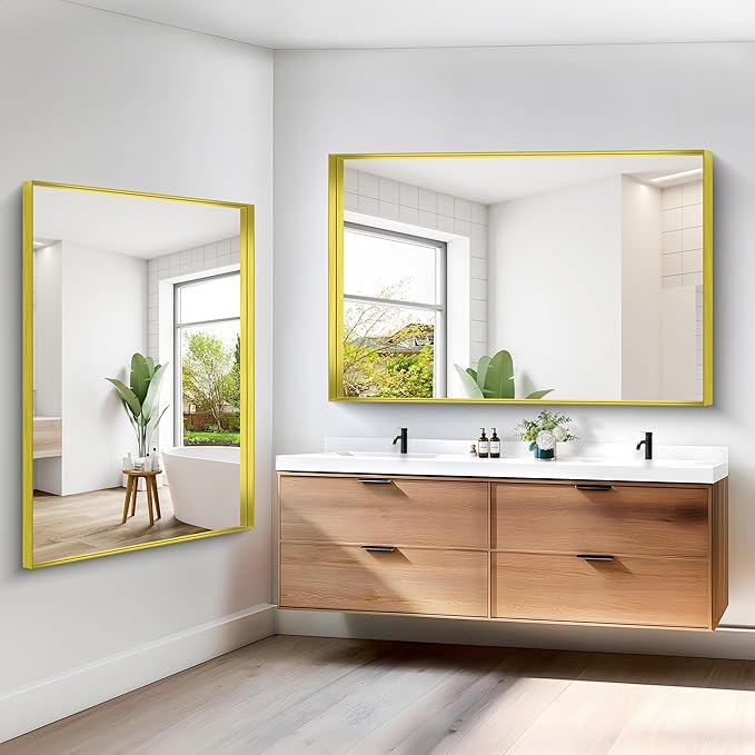 Gold Bathroom Mirror, 60x40 Inch Rectangular Framed Mirror, Large Wall Mounted Bathroom Vanity Mirror Over Sink for Bedroom,Restroom, Living Room, Hangs Vertically or Horizontally
