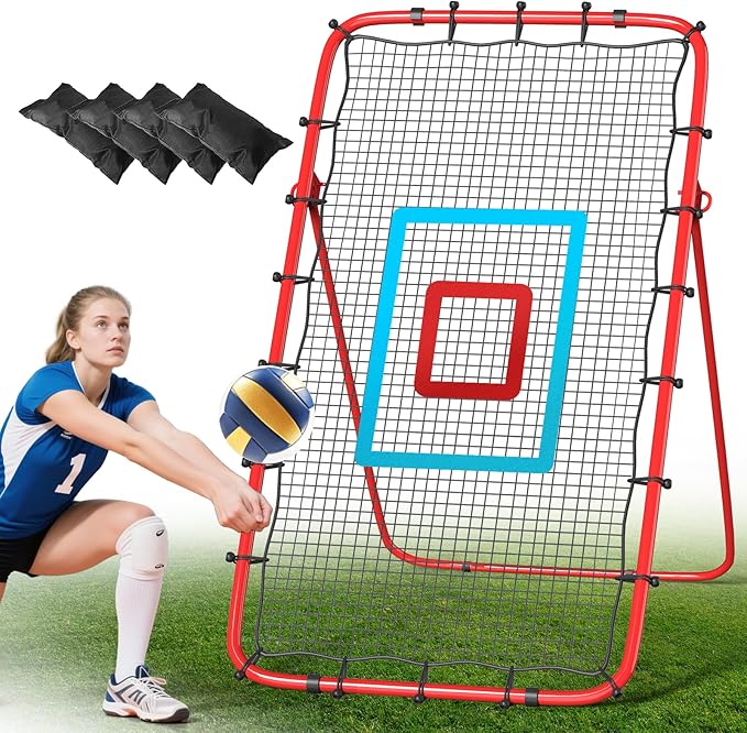 Volleyball Rebounder Net 7x4 Ft, 5-Angle Adjustable Rebounder Net for Practicing Digging, Setting, Spiking, Bounce Back Training Equipment with 2 Target Stripes & Portable Travel Bag for Storage