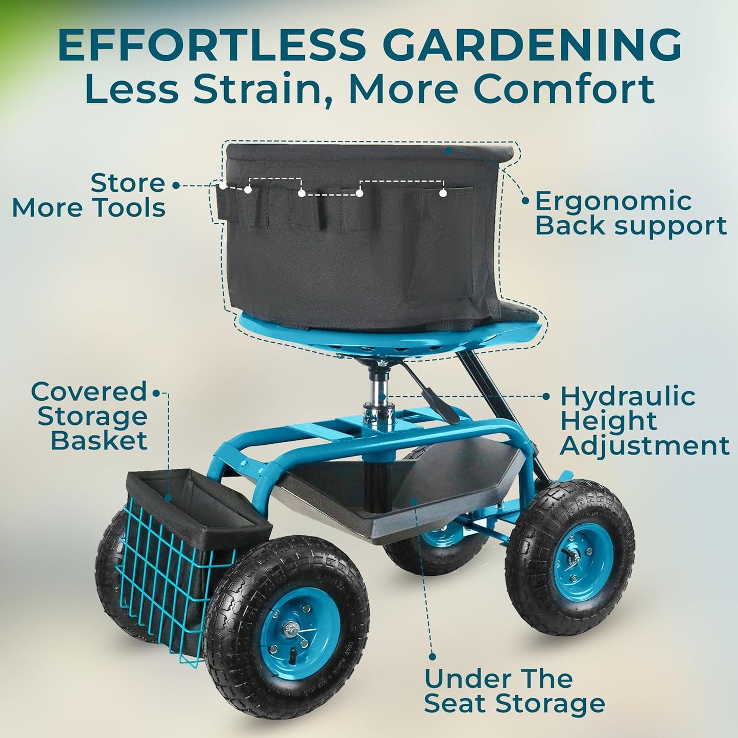 Garden Seat with Wheels – Adjustable 360° Swivel Gardening Stool with Hydraulic Height Adjustment, Ergonomic Backrest, and Tool Storage – Rolling Stool for Garden, Yard, and Outdoor Use