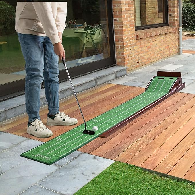 Golf Putting Mat with Ball Return - Putting Green Indoor Featuring 9ft Non-Slip Velvet Surface for Indoor & Outdoor - Smooth, Skip-Free Walnut Ball Return System - Golf Practice Mat for Backyard