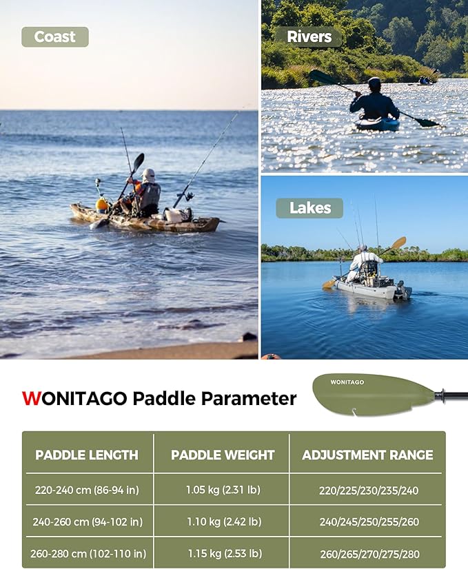 Angler Kayak Paddle with Fiberglass Shaft and Plastic Blade, Floating Adjustable Fihsing Kayak Oar, 220-240 cm/86-94", 240-260 cm/94-102", 260-280 cm/102-110"