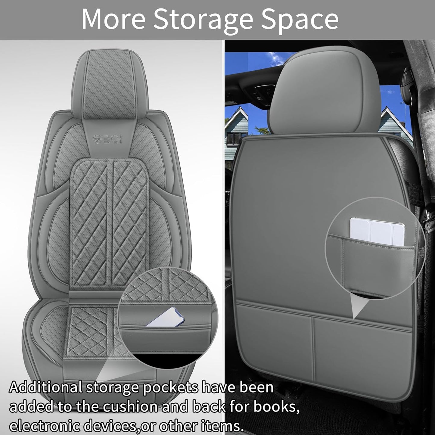 Car Seat Cover Custom Fit for Dodge Ram 1500 2500 3500 2002-2024 Faux Leather Seat Cover Set Compatible with Crew Quad Regular Cab Pickup Truck Cushions (Grey, Full Set, Flat Rear)