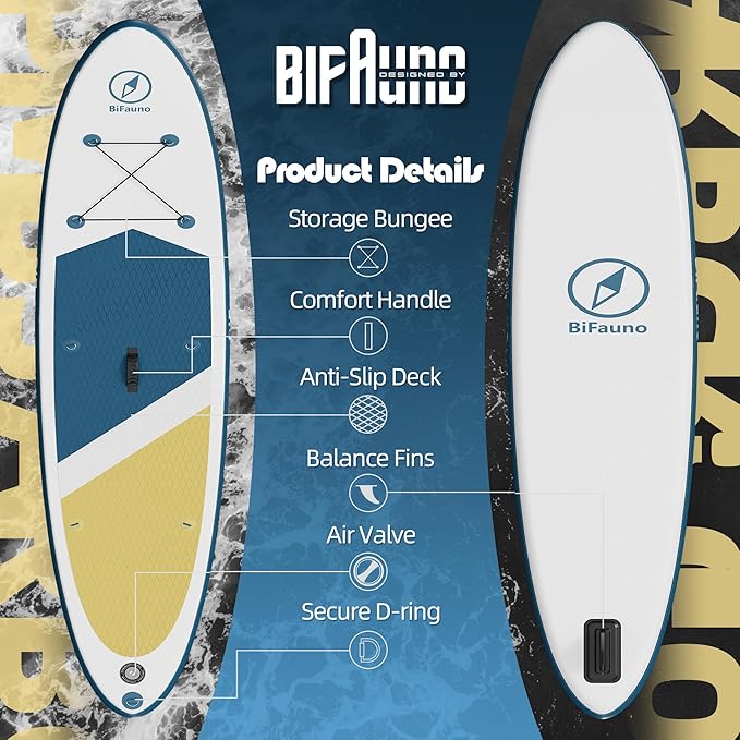 Inflatable Stand Up Paddle Board with SUP Accessories & Backpack. Paddle Boards for Adults. Non-Slip Deck, Wide Stance, Bottom Fin, Double Action Pump.
