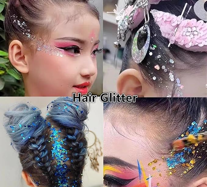 Go Ho White Pink and Blue Body Glitter Set,Singer Concerts Face Glitter Gel Makeup,Holographic Long Lasting Chunky Sequins Glitters for Eye Lip Hair Nails,Festival Rave Accessories