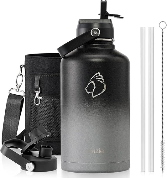 Insulated Water Bottle 64 oz with Straw Lid and Flex Lid, BUZIO 64oz Stainless Steel Water Bottle Half Gallon Jug Flask, Double Wall Vacuum Sports Thermo Mug, Cold Hot Hydro Metal Canteen