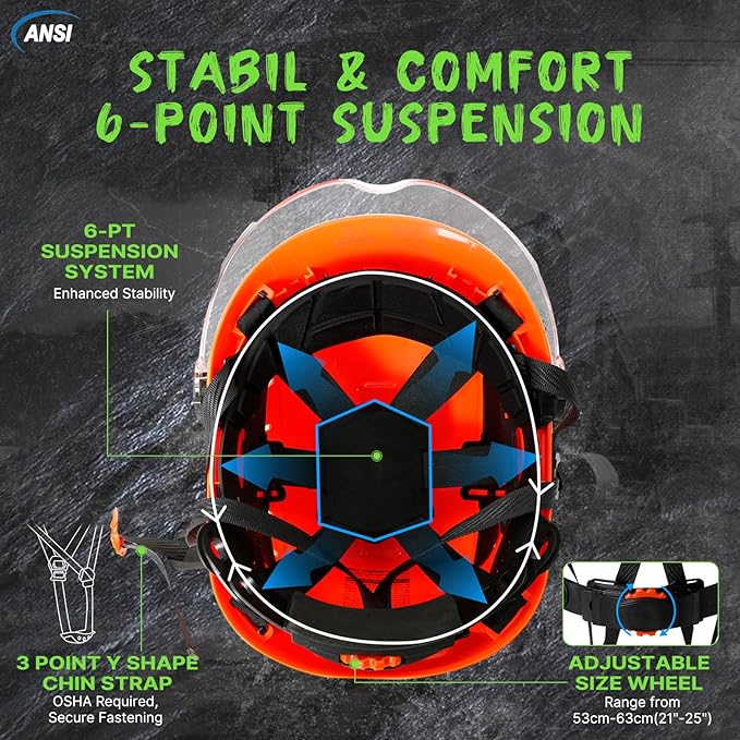 AOLAMEGS Construction Vented Hard Hats -Adjustable Vented Hard Hat with Visor for Men Women ABS Safety Helmet 6-Point Suspension Work Hardhats for Outdoor Height Industrial (Orange Clear Visor)