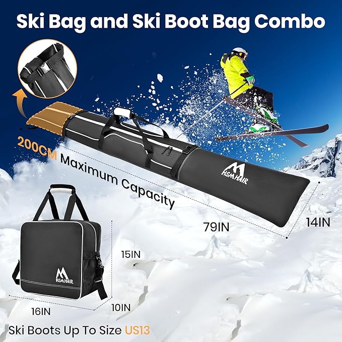 Ski Bag and Boot Bag Combo,Padded Ski Bag Set for Air Travel,Snow Ski Bags for Adults,Water- resistant Ski Boot Bag Fits for Skis Up to 200 CM and Boots Up To Size US13
