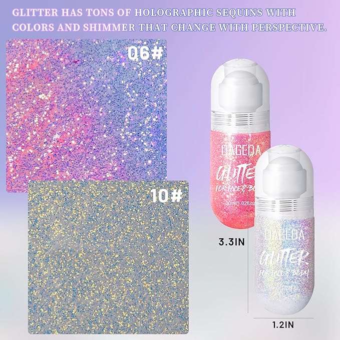 DAGEDA 2Colors Roll-on Body Glitter Gel for Body, Hair, Face, Holographic Glitter Makeup for Rave Accessories, Body Shimmer Hair Glitter Gel for Halloween Makeup(Pink + Ocean Glow)