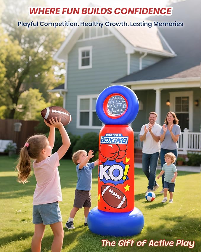 Inflatable Punching Bag for Kids, 2-in-1 Freestanding Boxing Bag with Football Toss Game, 68.8'' Heavy Duty Karate Taekwondo Toy for Boys Girls Ages 3-12, Birthday Ideas