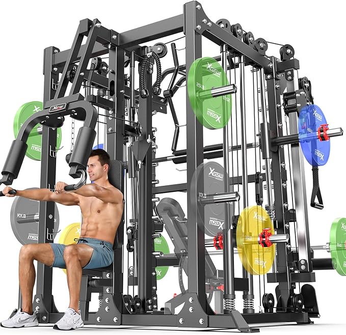 Smith Machine Power Rack Multifunctional Power Cage Deep Squat Rack Cable Crossover System Selectable More Training Attachment for Garage & Home Gym