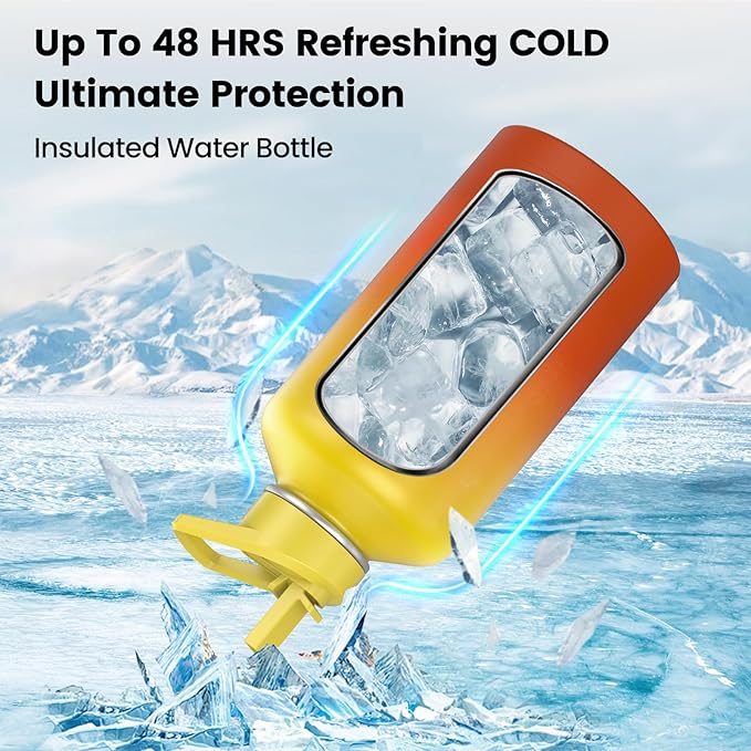 Insulated Water Bottle 128 oz, Triple Wall Vacuum Stainless Steel(Cold for 48 Hrs),Leak Proof & BPA-Free,One Gallon Water Bottle with Reflective Paracord & Flip Straw for Sports & Travel, Sunset