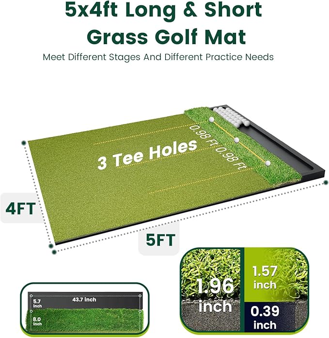 Golf Hitting Mat with Ball Tray 5x4ft - 6x4ft Dual-Turf Practice Mat for Indoor & Outdoor Use Golf Training Mat with Rubber Tee Holes, Suitable for Swing Driving & Chipping