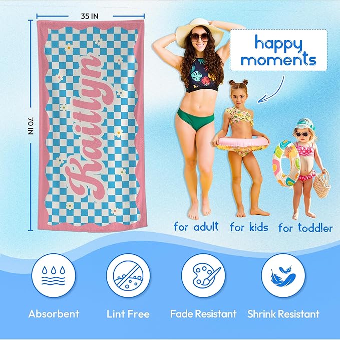 JML Personalized Beach Towel with Name, Custom Flower Beach Towel, Customized Microfiber Pool Towel, Quick Dry & Absorbent Swim Towel for Adult,Mother's Day, Birthday, Summer Holiday,Vacation