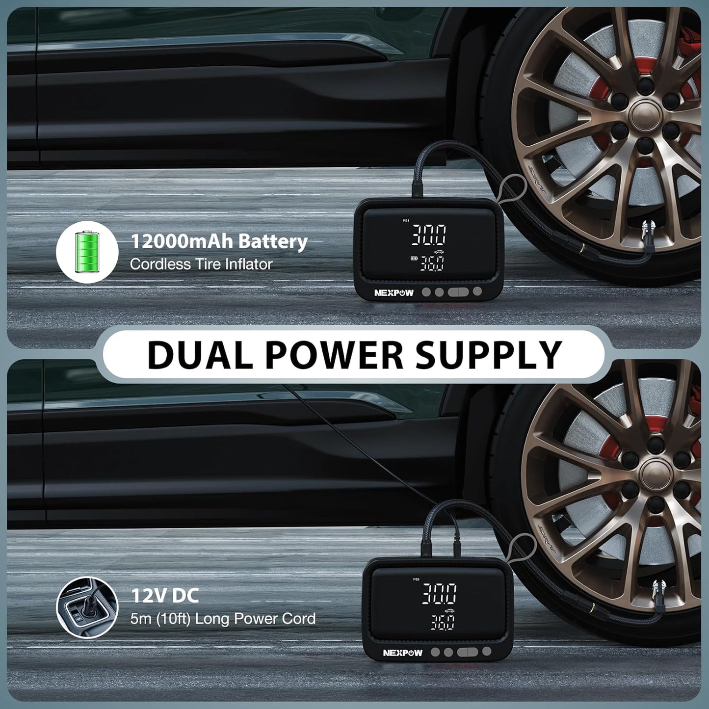 NEXPOW Tire Inflator Portable Air Compressor, 150 PSI Cordless Air Pump for Car Tires with Digital Pressure Gauge & Auto Shut-Off, Air Compressor Portable for Car, Motorcycle, Bicycle, Balls, Gray