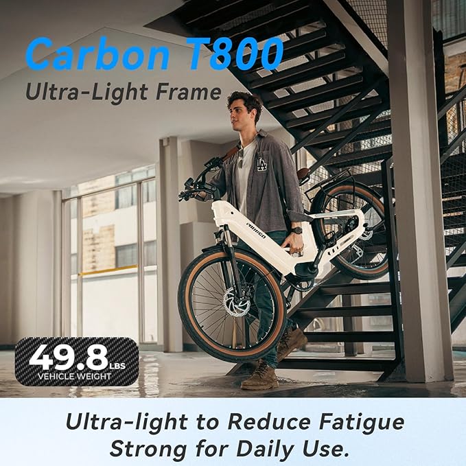 Carbon Fiber Electric Bike for Adults, Peak 1000W Motor 25MPH Ebike with 48V 19.2AH Removable Dual Batteries, 128 Miles Range, 26'' Big Tires, 7-Speed, Electric Bicycle for Men/Women