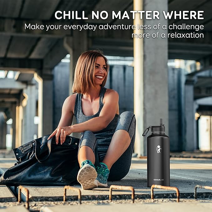 Insulated Water Bottle 87 oz with Straw, Coolflask 2/3 Gallon Stainless Steel Metal 3 Lids Large Water Jug for Sports or Office, Non-BPA Keep Cold Up to 48 Hrs or Hot Up to 24 Hrs, Magic Black