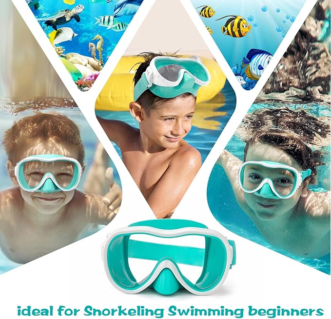 Kids Swim Goggles 180° Snorkel Diving Mask with Nose Cover, Anti-Fog Kids Swimming Goggles with Elastic Fabric Strap for Kids Boys Girls
