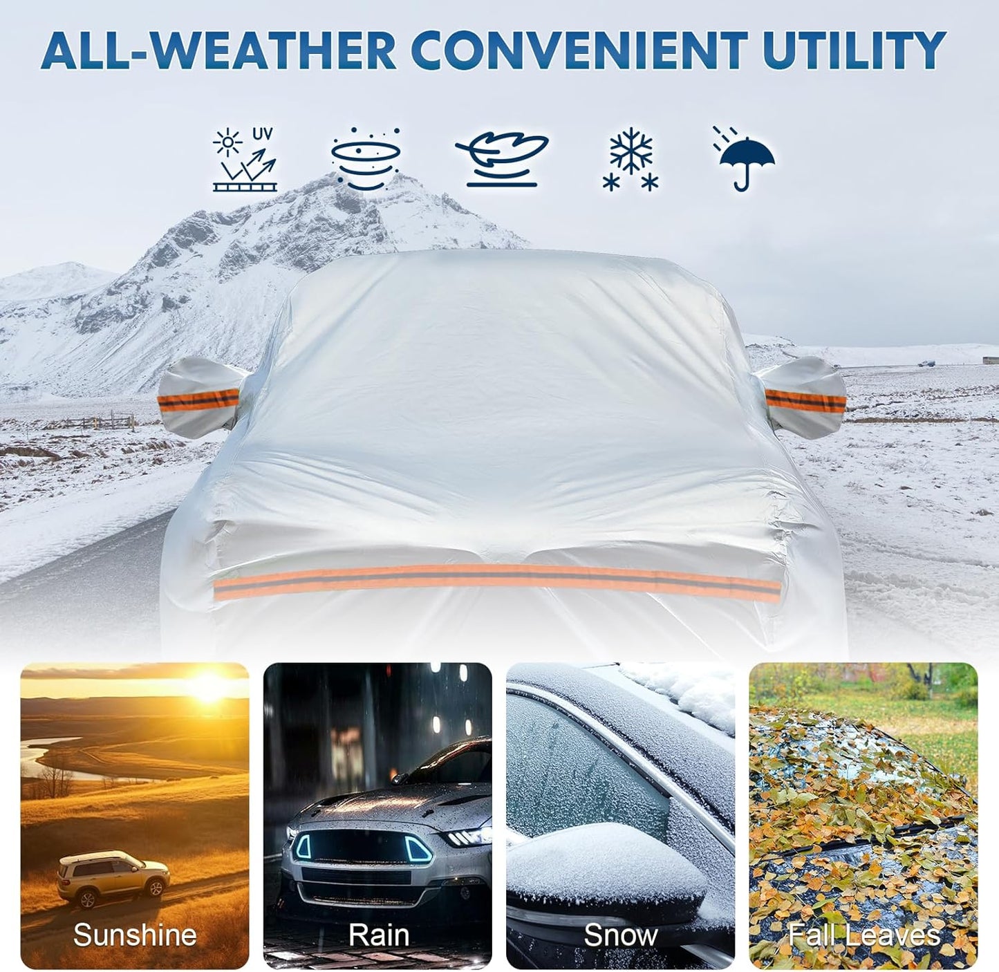 KEYOOG Fit for 198"-208" Length SUVs, 6-Layer Full Car Cover is All-Weather Waterproof, Universal in All Seasons, Snow Prevention, Rainproof, Acid Rainproof, Sunscreen, Orange Reflective Strip