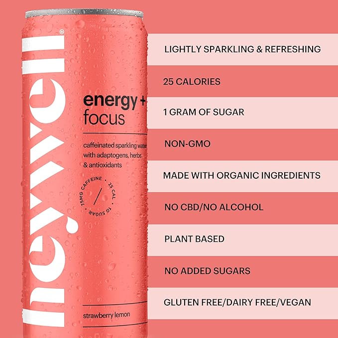 Heywell Sparkling Adaptogenic Water Energy and Focus, Strawberry Lemon Flavor 12 Fluid Ounce (Pack of 12) - Caffeinated, Organic, Non GMO, Vegan, Gluten Free, Dairy Free