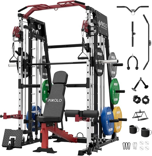 Mikolo Smith Machine, 2200lbs Squat Rack with LAT-Pull Down System & Cable Crossover Machine, Training Equipment with Leg Hold-Down Attachment