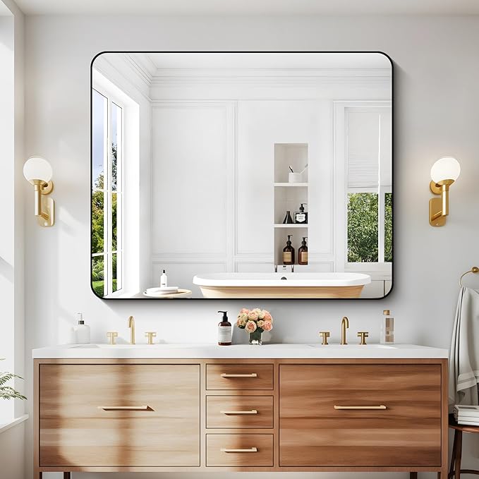 40" x 48"Bathroom Mirror, Matte Black Wall Mirror with Metal Frame, Decorative Rectangular Vanity Mirror for Bedroom Bathroom Living Room Entryway (Horizontal/Vertical)