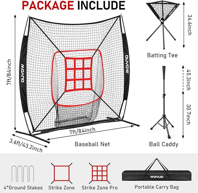 7x7 ft Baseball Net for Batting Pitching Hitting, Softball Pitching Net with Strike Zone, Tee, Ball Caddy, Softball Batting Net Baseball Training Equipment for Kids Adult Youth Sport Practice