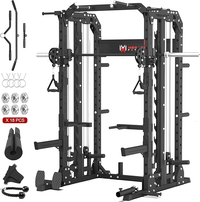 Smith Machine Home Gym with Aluminum Pulley Set- 2000lbs Capacity All-in-One Power Rack with Cable Crossover, Pull-Up Bar & Dip Station, Includes 18 Attachments, P107 Anvil