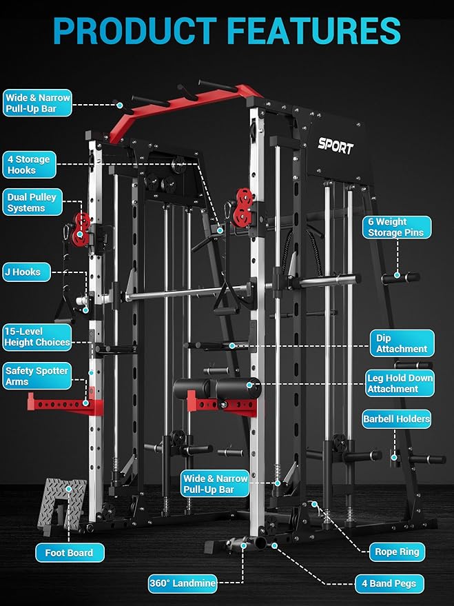 Smith Machine, Power Cage Squat Rack with Cable Crossover, Dual Pulley System, Pull-Up Bar, Home Gym Workout Equipment with Attachments for Strength Training and Weightlifting