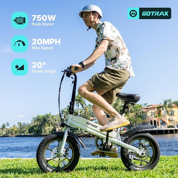 Gotrax S3 Electric Bike, 16x3.0 Fat Tire Electric Bicycle Adults, 750W Peak Motor, Max Range 25 Miles, Up to 20 Mph, Removable Battery, Adjustable Seat, Folding Electric Bike for Adults/Teens 13+