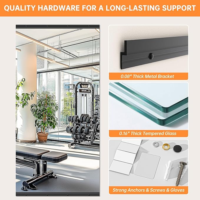 Hasipu 63''x28'' Home Gym Mirror Large Full Length Wall Mounted Full Body Mirror for Yoga Dance Fitness Exercise Studio Bedroom Garage, Frameless Tempered Glass Workout Mirrors Black Rectangular