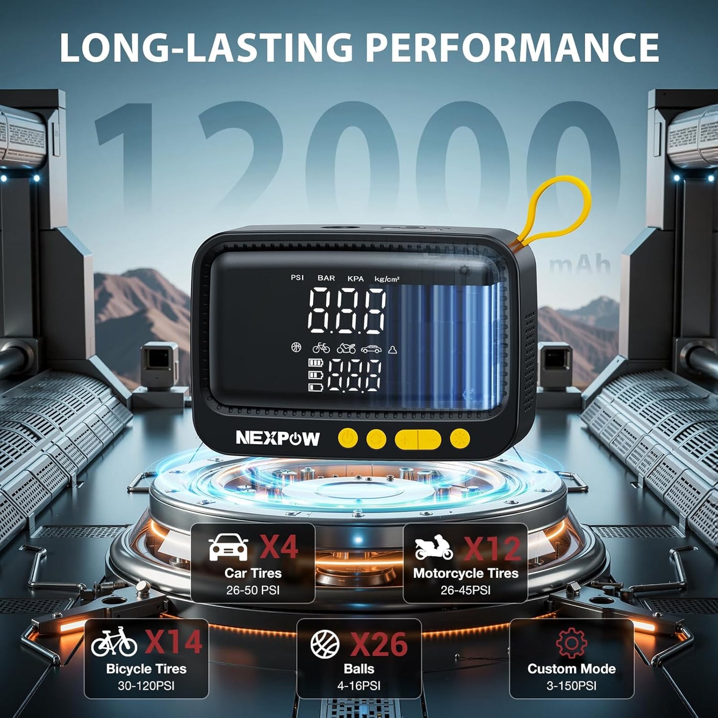 NEXPOW Tire Inflator Portable Air Compressor, 150 PSI Cordless Air Pump for Car Tires with Digital Pressure Gauge & Auto Shut-Off, Air Compressor Portable for Car, Motorcycle, Bicycle, Balls, Yellow