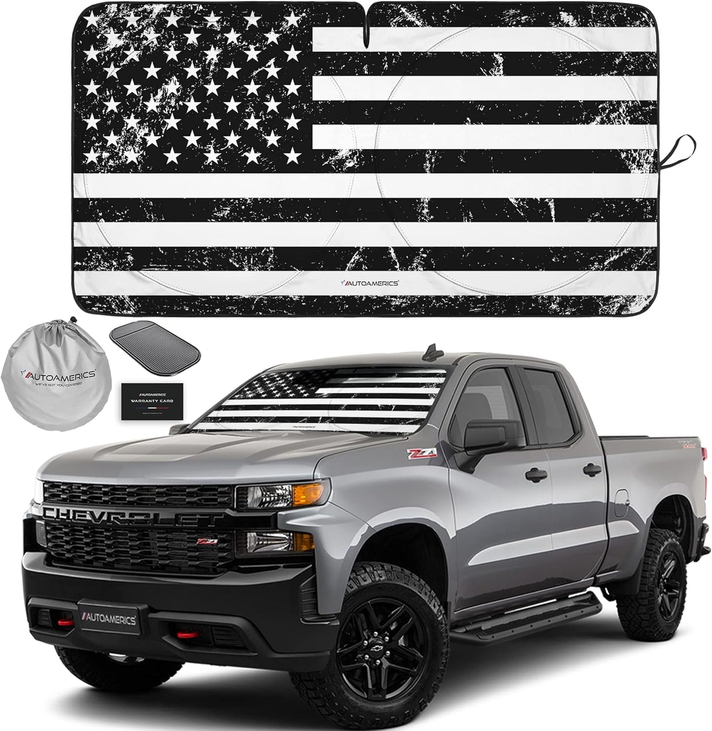 Autoamerics 1-Piece Windshield Sun Shade Grunge B&W American Flag USA Design - Foldable Car Front Window Sunshade for Most Sedans SUV Truck - Blocks Max UV Rays and Keeps Your Vehicle Cool - Large