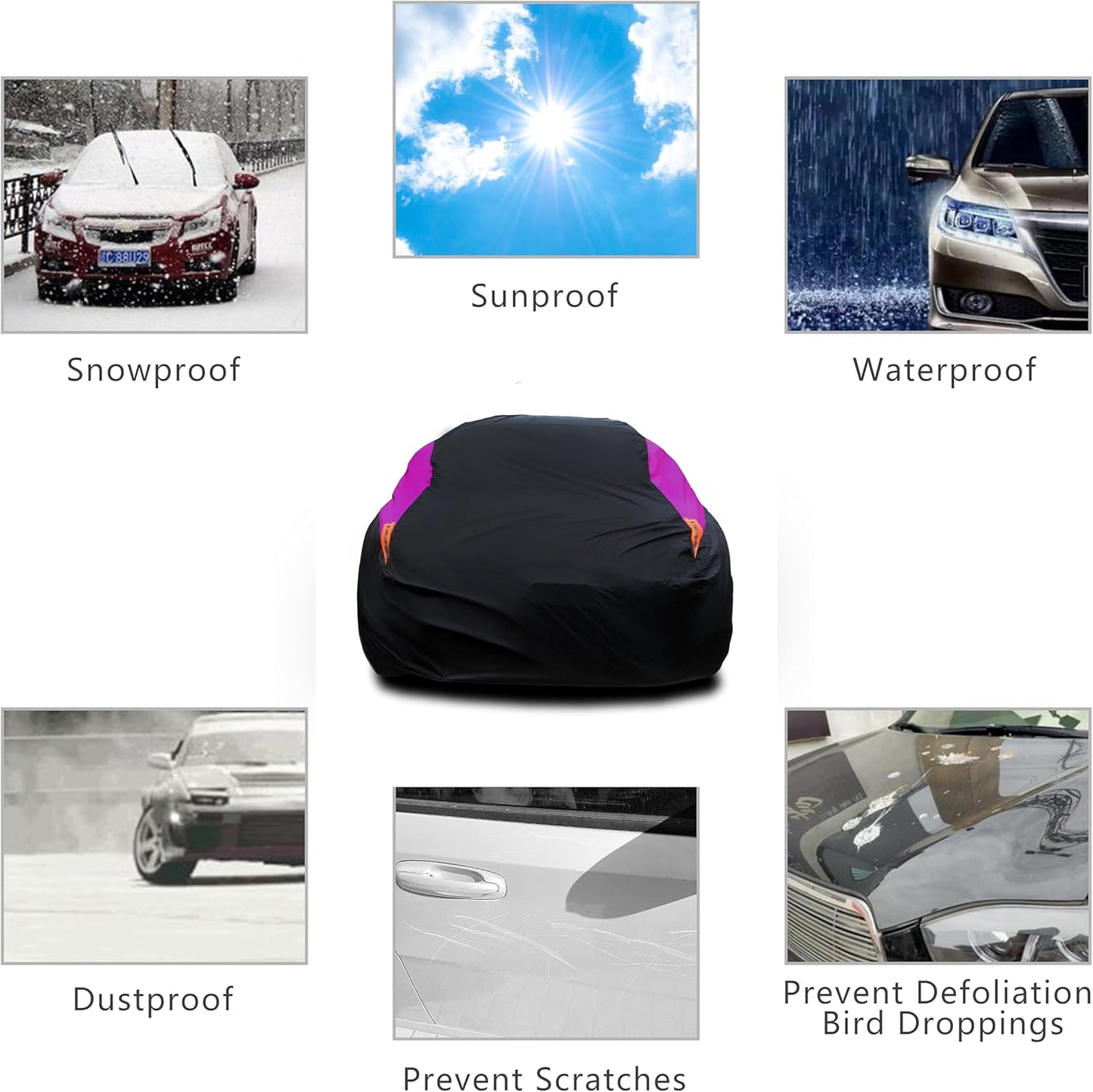 MORNYRAY Waterproof Car Cover All Weather Snowproof UV Protection Windproof Outdoor Full car Cover, Universal Fit for Sedan (Purple, A2-Fit Sedan Length(Up to 177 inch)