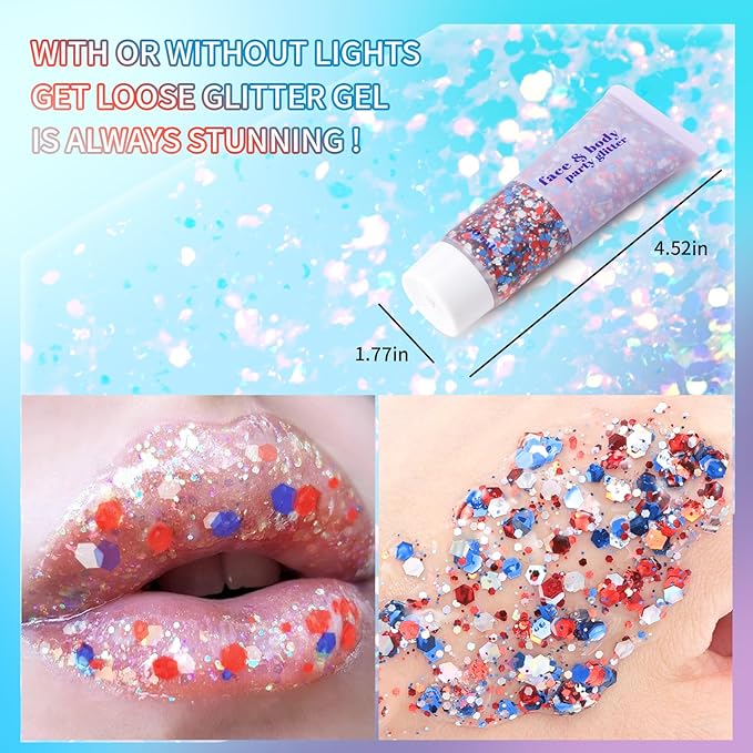 DAGEDA Red White Blue Body Glitter, 4th of July Outfits Accessories for Women, USA Flag Face Glitter Makeup, Fourth of July Patriotic Independence Day Hair Accessories Party Costumes