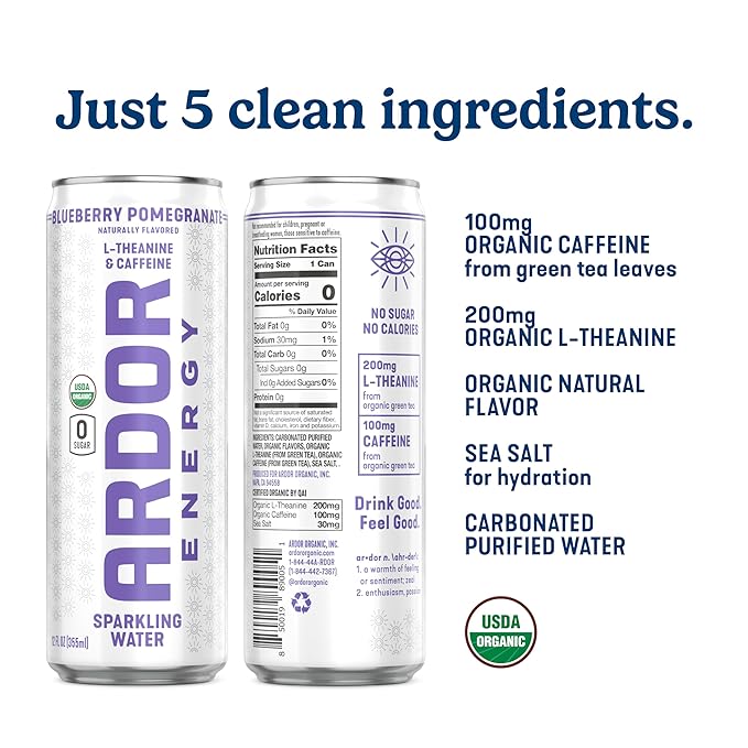 ARDOR ENERGY Sparkling Water with 100mg Natural Caffeine & 200mg L-Theanine from Organic Green Tea for Smooth Energy & Focus | Healthy Energy Drink | No Sugar, Zero Calories, Vegan, Gluten-Free | Blueberry Pom (Pack of 12, 12oz cans)