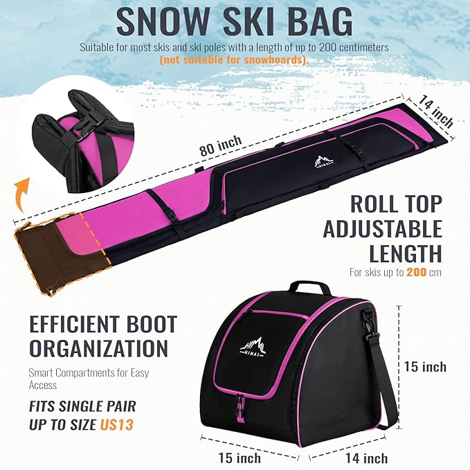 Ski Bag and Boot Bag Combo, Padded Skis Bag for Air Travel, Safety Reinforce Ski Carrier Bag Fits for Skis Up to 200 CM and Boots Up To Size US13, Water- resistant Ski Travel Bag